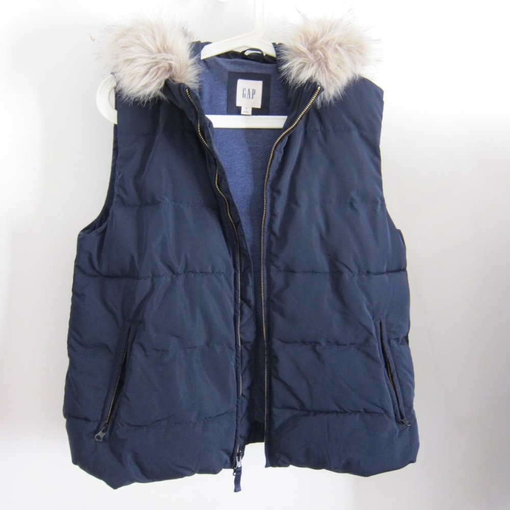 GAP Puffer Down Vest Faux Fur Collar Navy Blue M